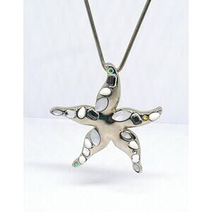 Silver Starfish Pendant Necklace 17-20" Aurora Borealis & Clear Crystals White